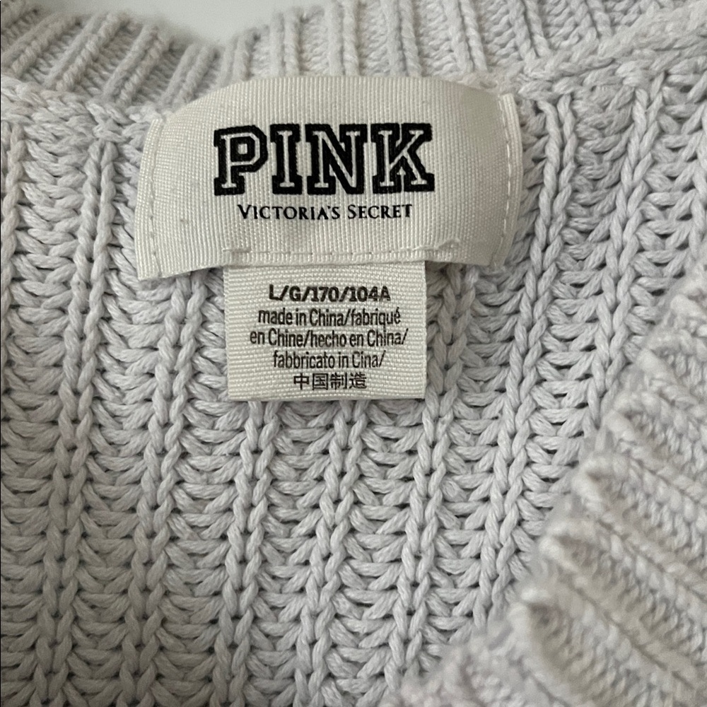 PINK Victorias Secret Gray White Knit V Neck Tie Dye Chunky Sweater Sz L - Picture 2 of 10